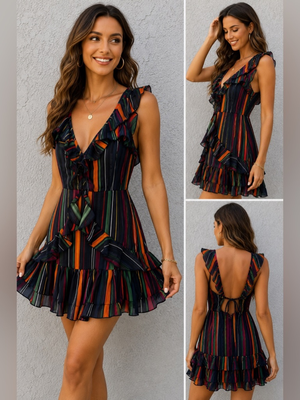 Karlie Ruffled Navy Striped Mini Dress Sz Medium